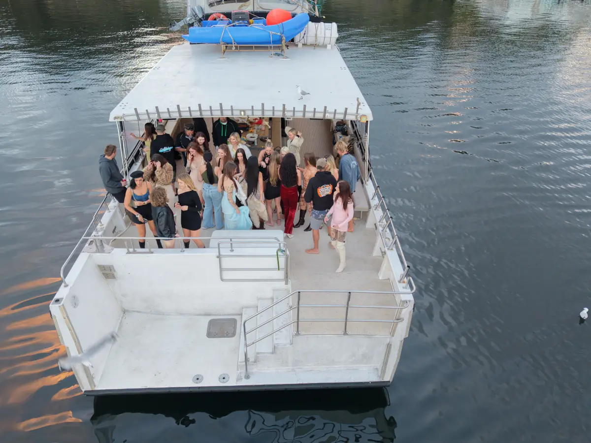 A boat party on the back deck, seen from above